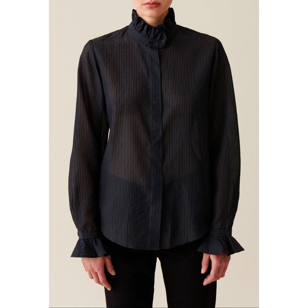 Camisa Fluida con Cuello Volante y Rayas