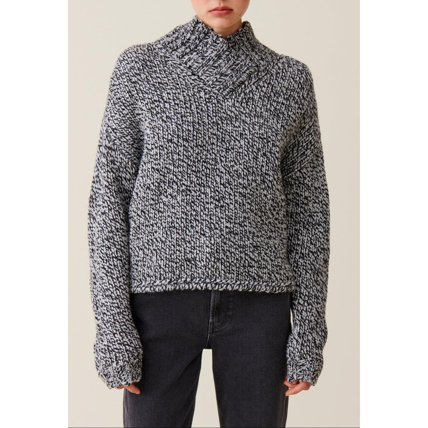 Pull Grosse Maille Col V Gris
