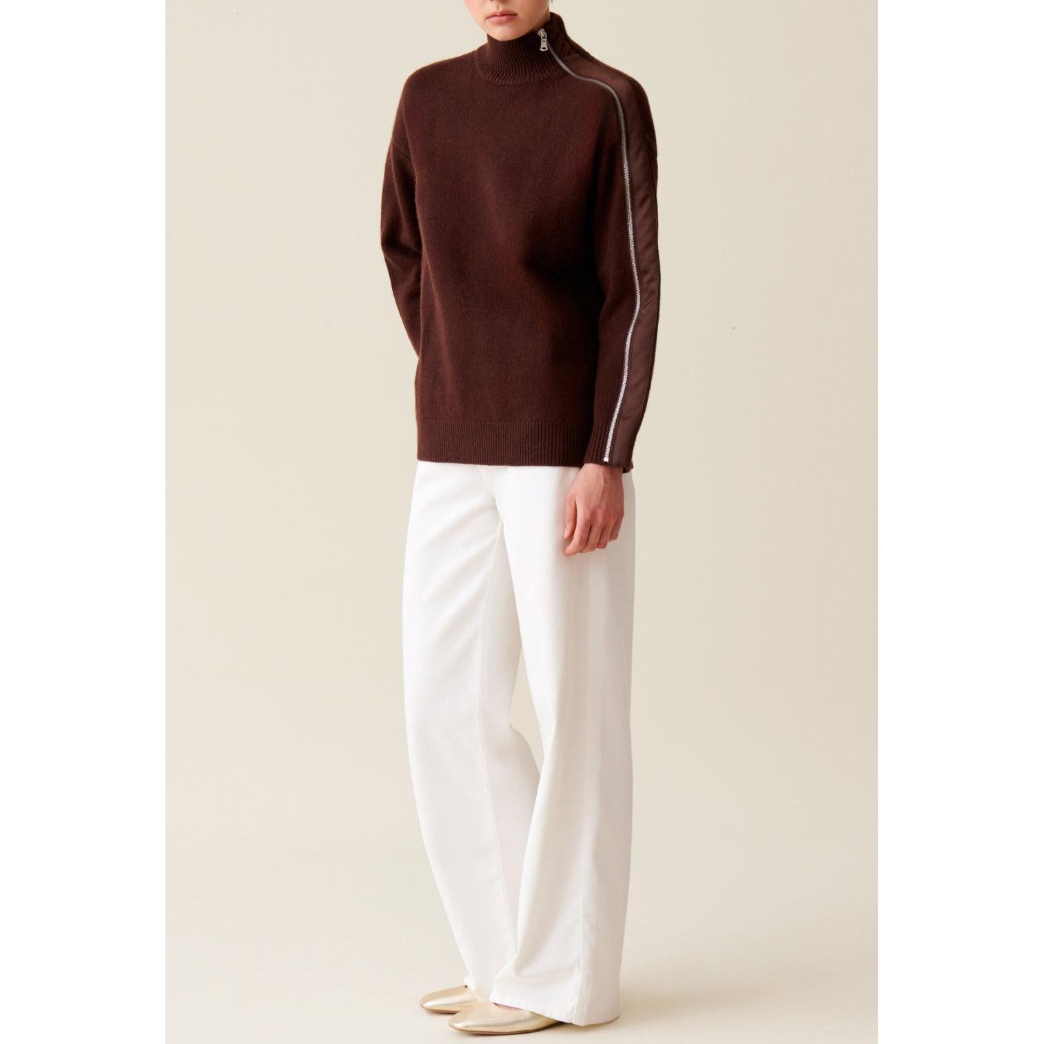 Pull Col Montant Zippé Marron