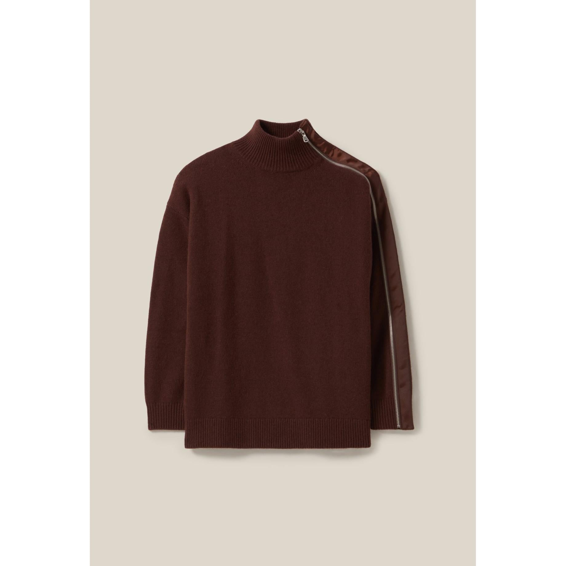 Pull Col Montant Zippé Marron