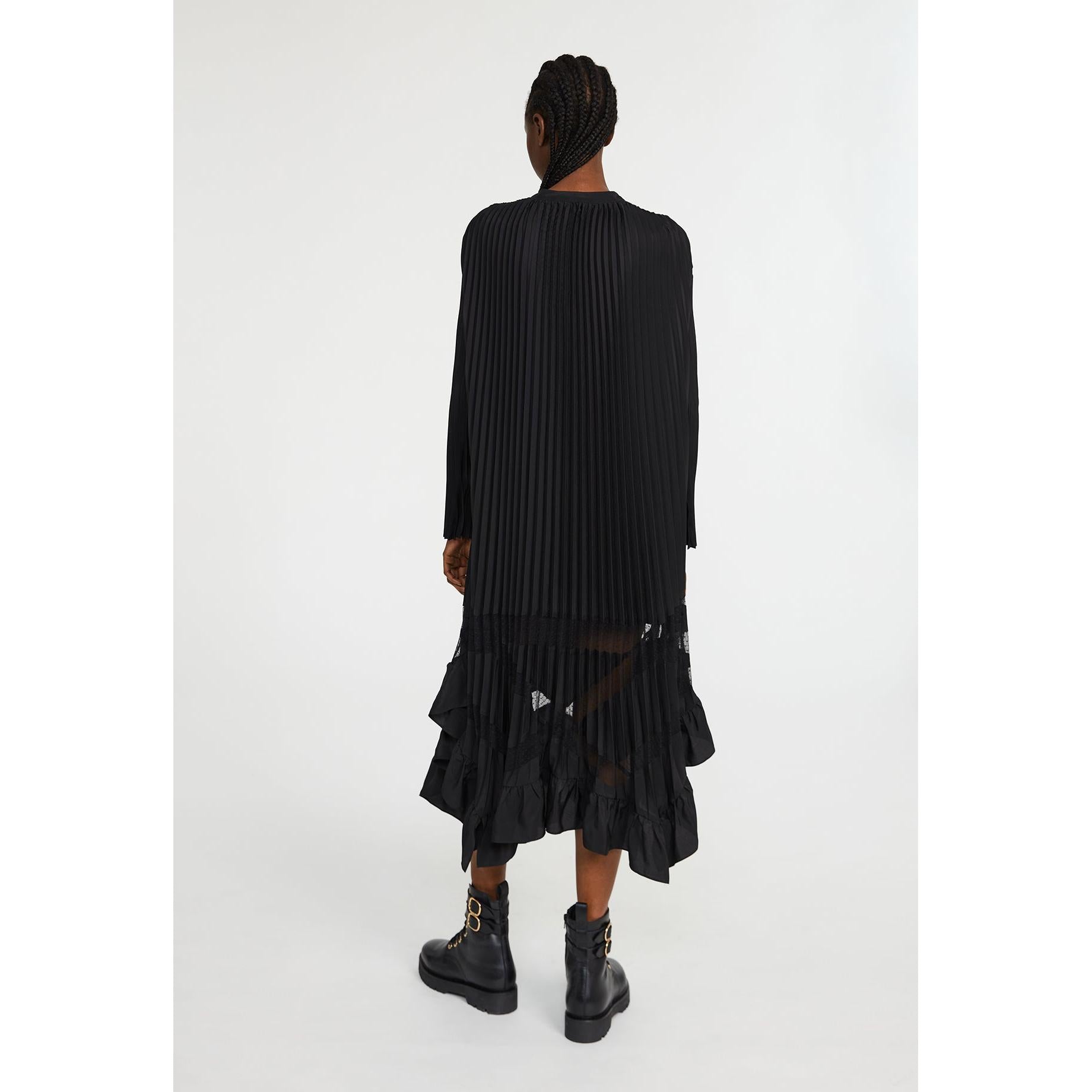 Claudie Pierlot - Vestido largo negro plisado con volantes