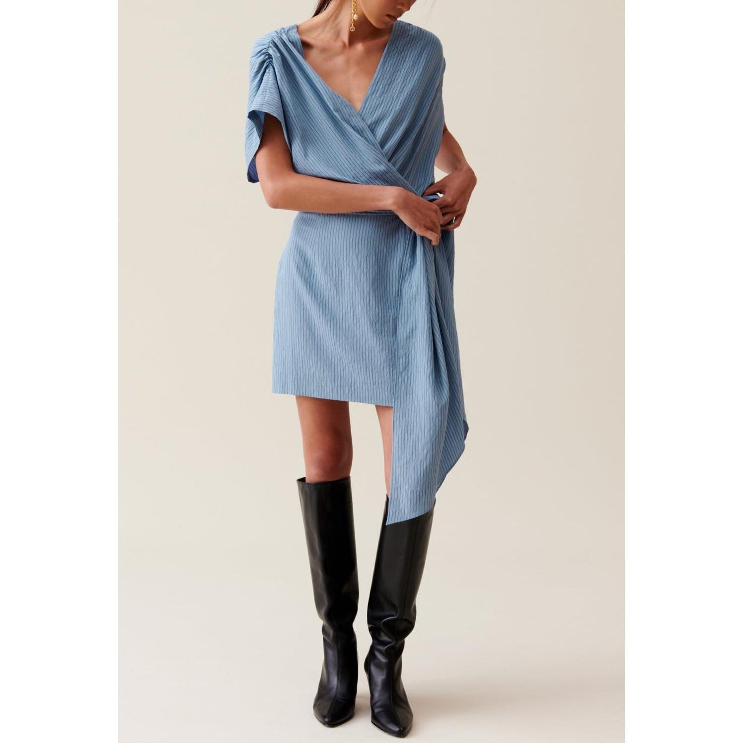 Claudie Pierlot - Robe Courte Cache-Cœur Rayures Bleu