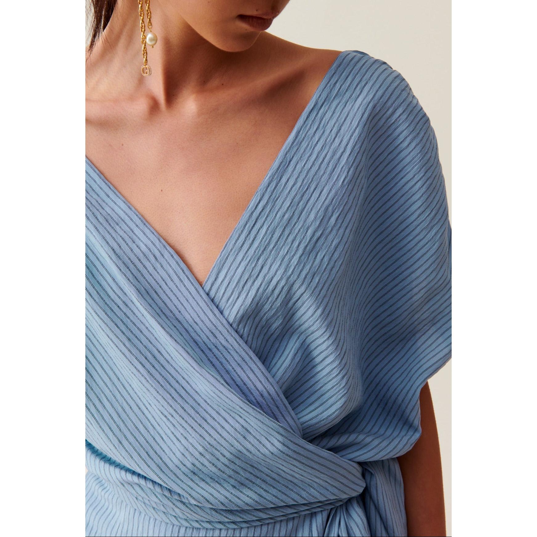 Claudie Pierlot - Robe Courte Cache-Cœur Rayures Bleu