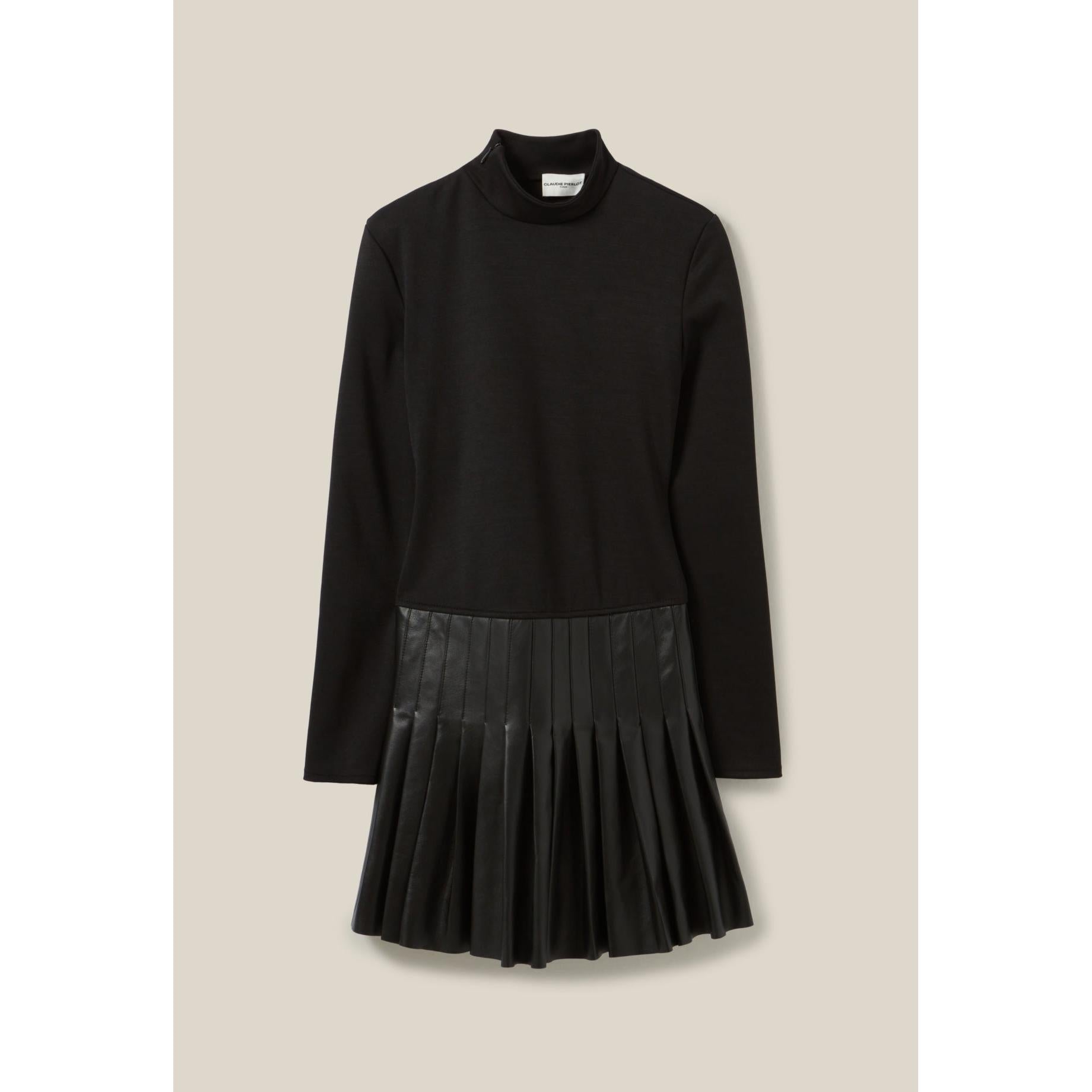 Robe Noire Bi-Matière Cuir