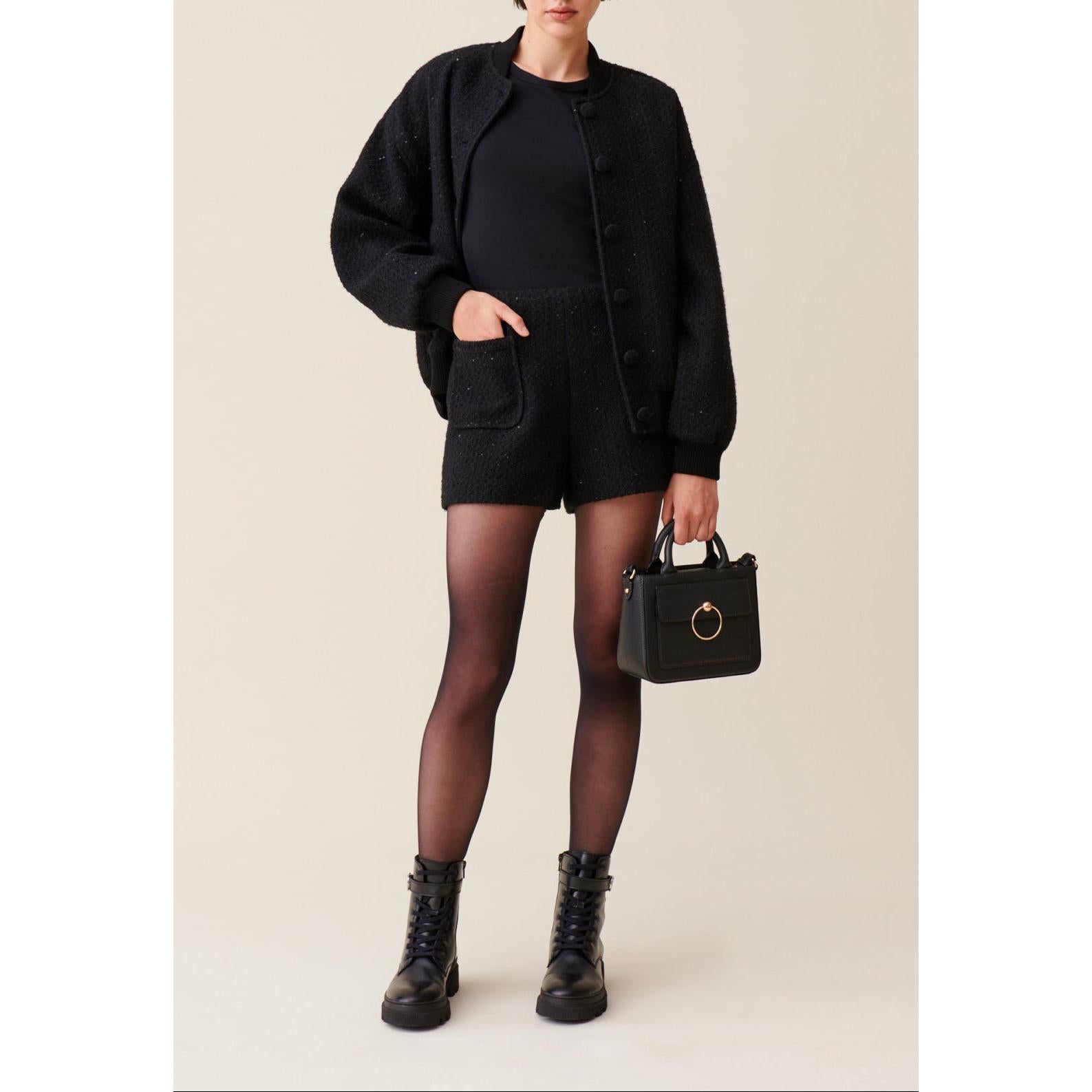 Black Straight Tweed Shorts