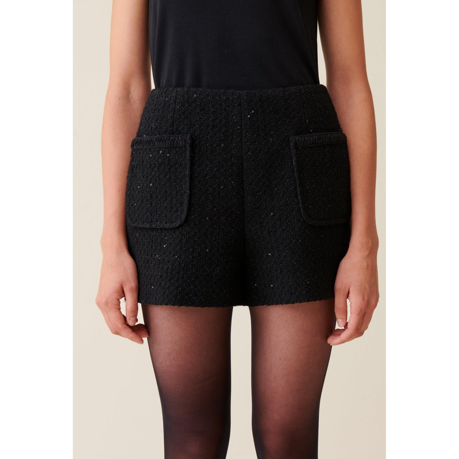 Black Straight Tweed Shorts