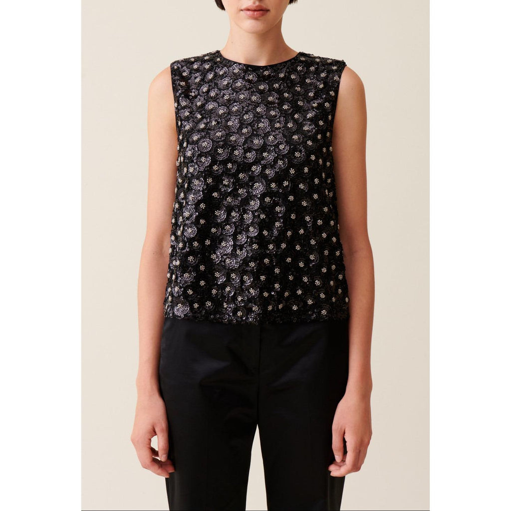 Top Noir Sequins Brodés Dos Ouvert
