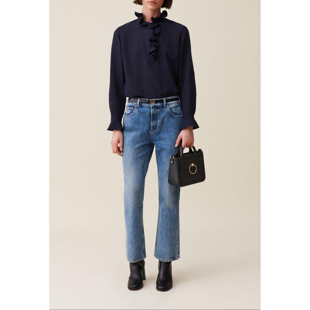 Claudie Pierlot - Blouse Rayée Volants Bleu Foncé