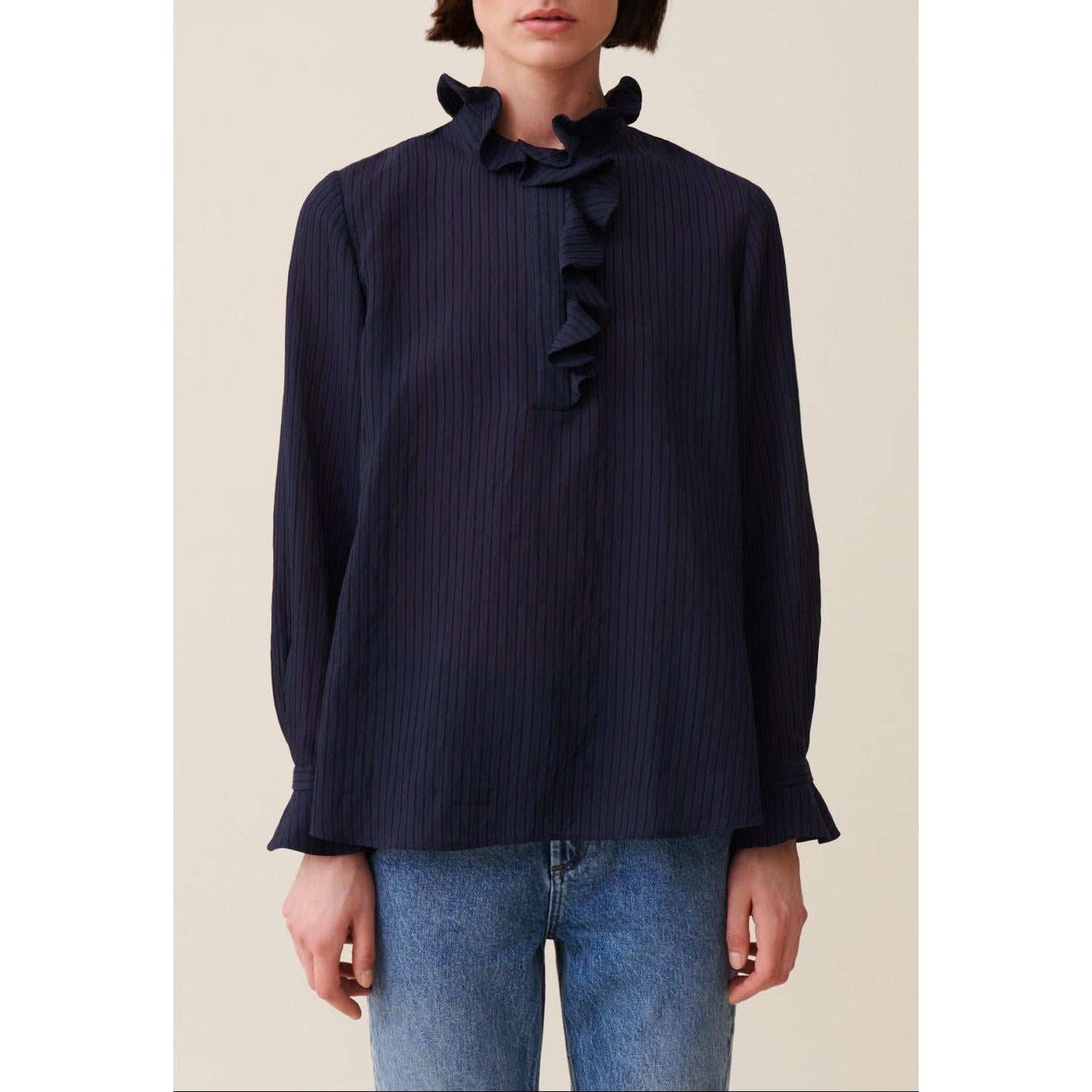 Claudie Pierlot - Blouse Rayée Volants Bleu Foncé