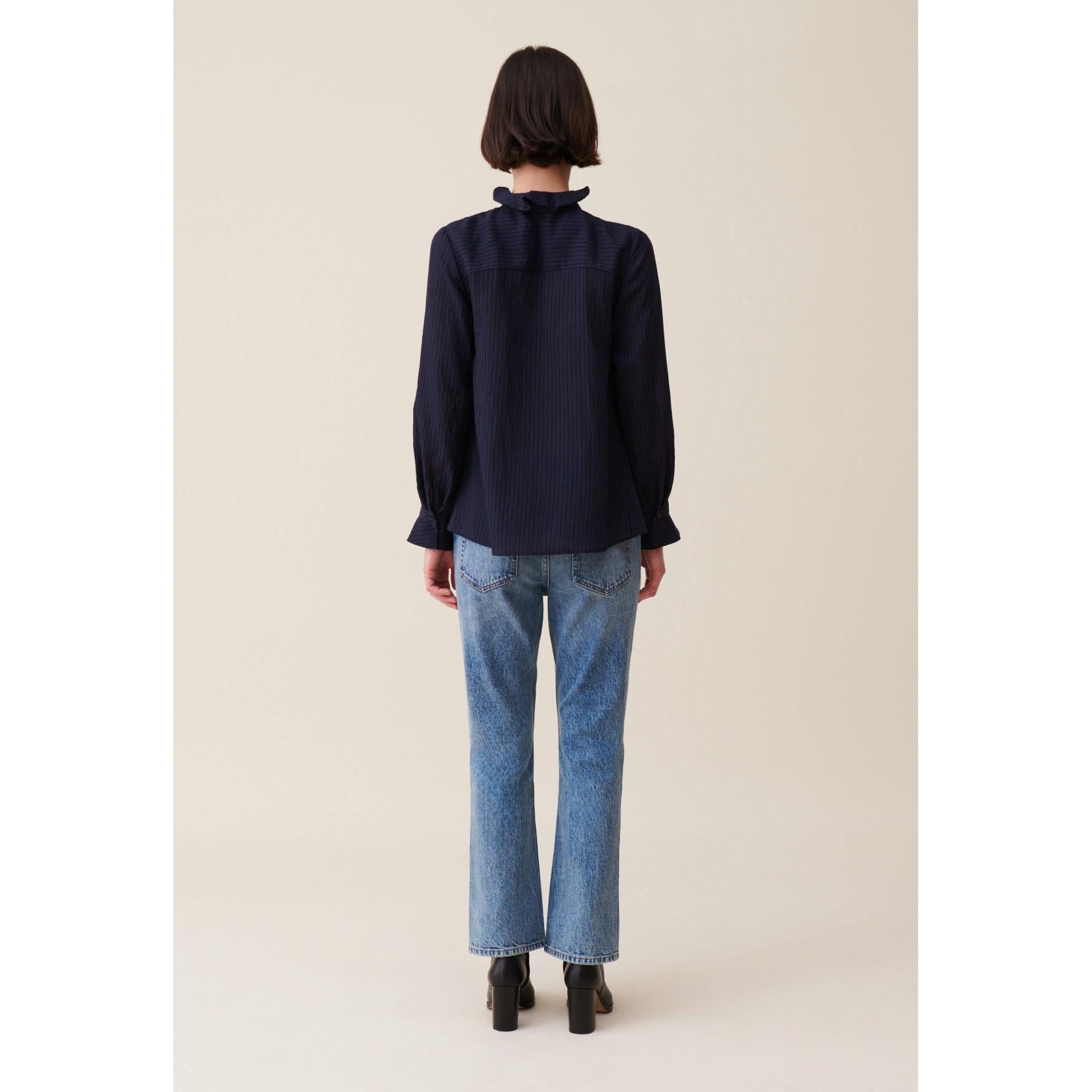Claudie Pierlot - Blouse Rayée Volants Bleu Foncé