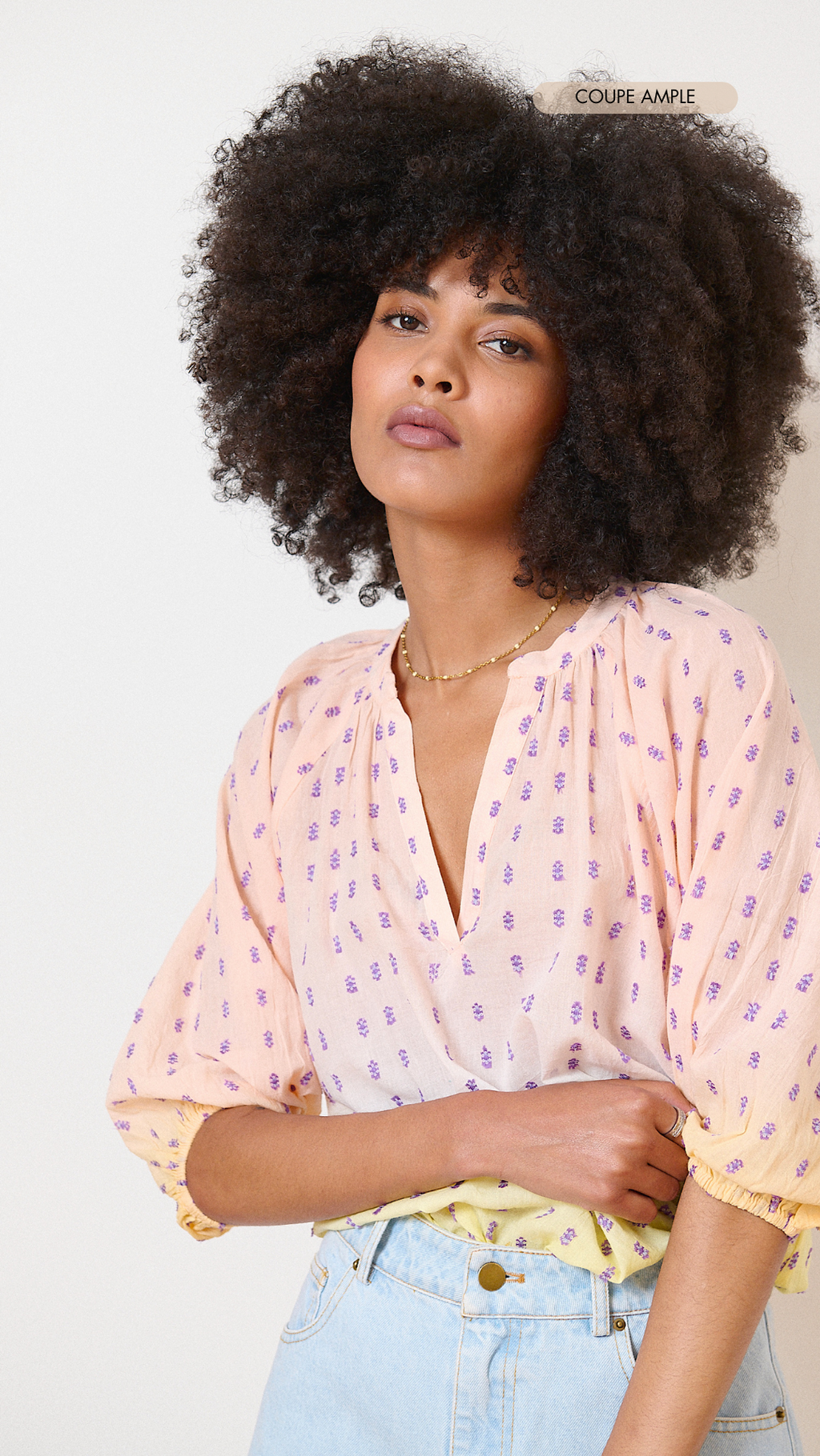 Yellow blouse 3/4 elasticated sleeves with V-neck plumetis embroidery and dip dye handmade women's clothing garance paris