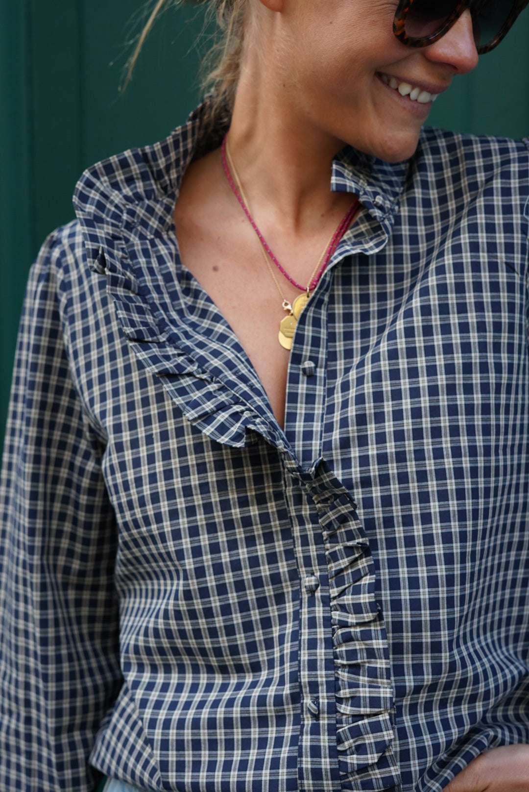 Philippine Navy/Ecru Checked Blouse
