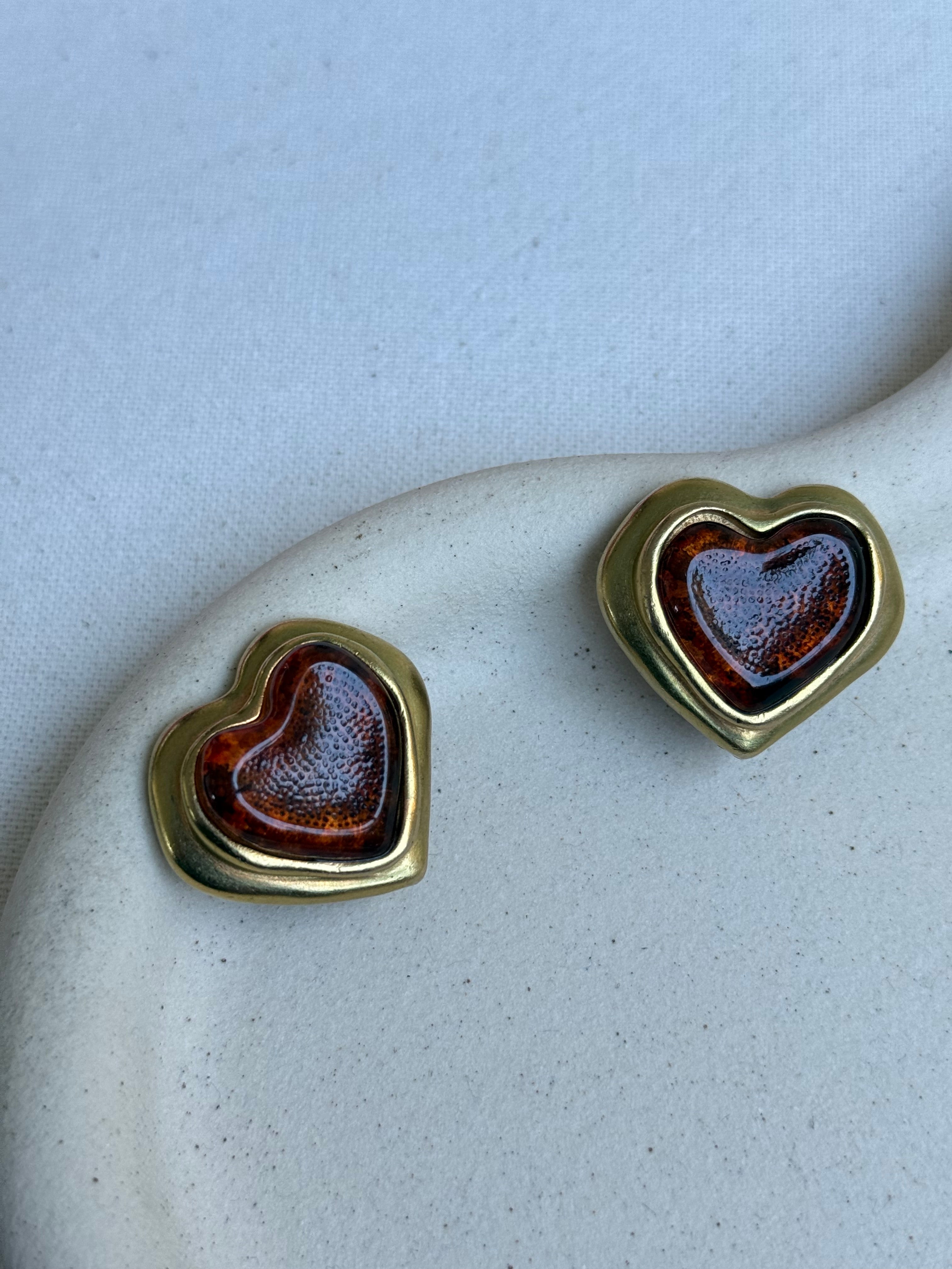 Boucles D’Oreilles Vintage - Coeurs Cabochons Résine Ambrée
