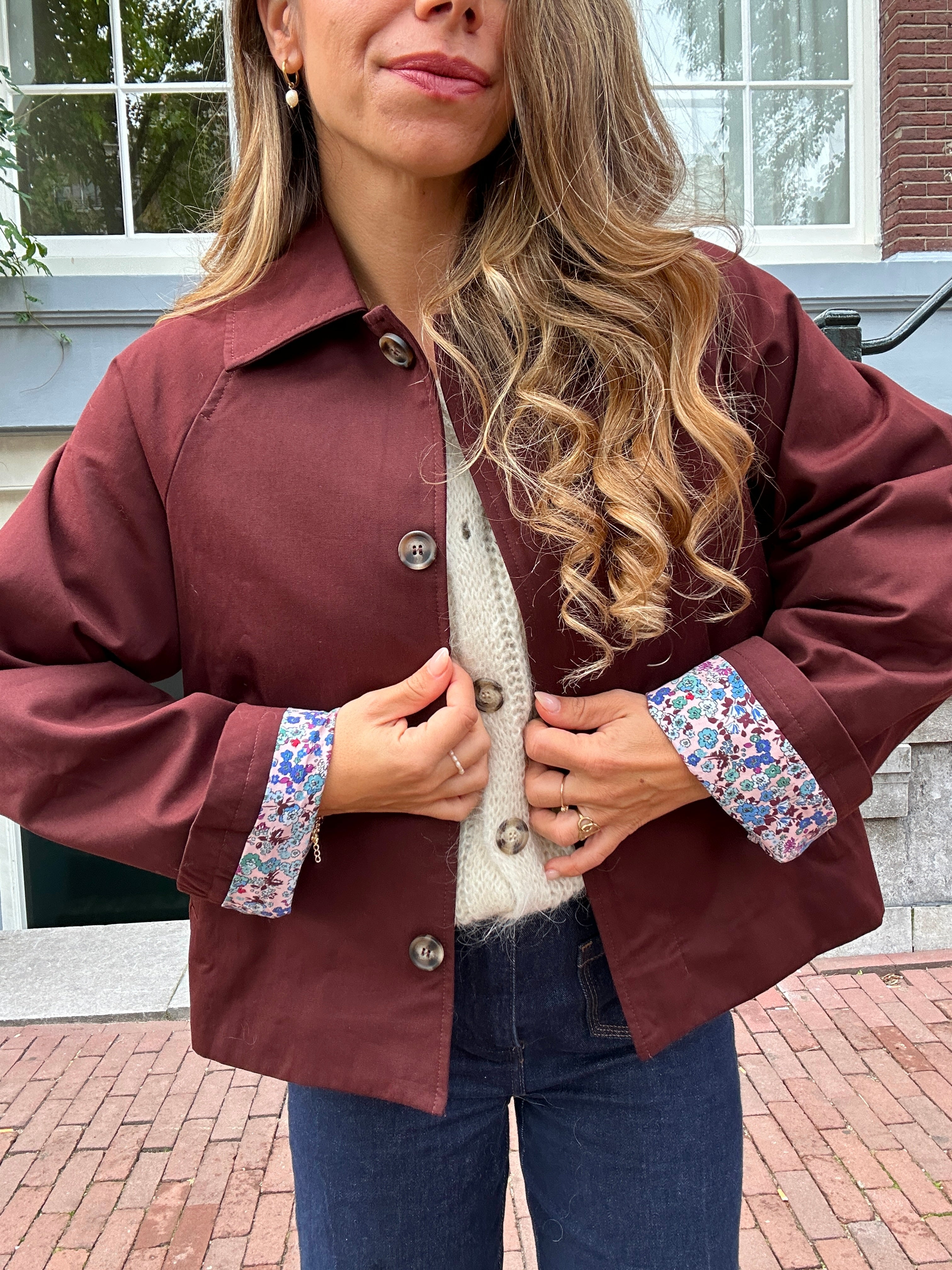 Edith Trench Jacket In Liberty Cotton Burgundy