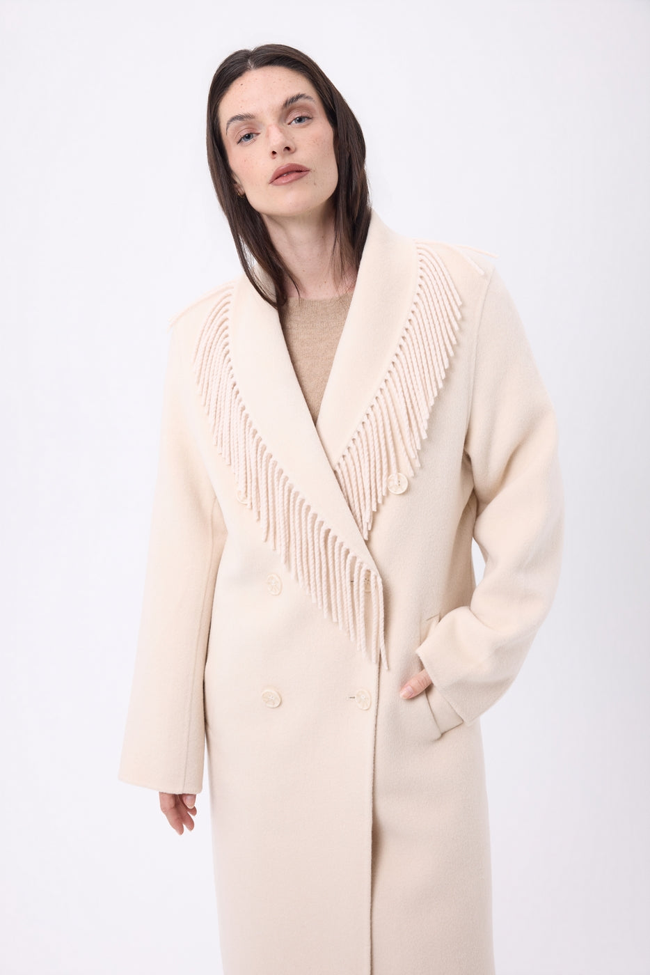 Manteau Col À Franges Dakota - Beige - Femme