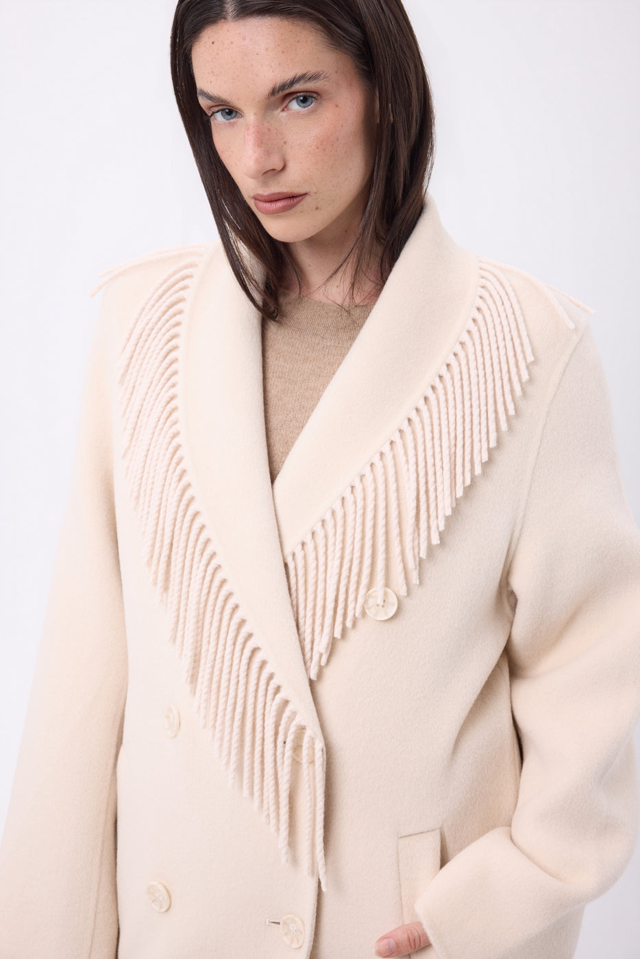 Manteau Col À Franges Dakota - Beige - Femme