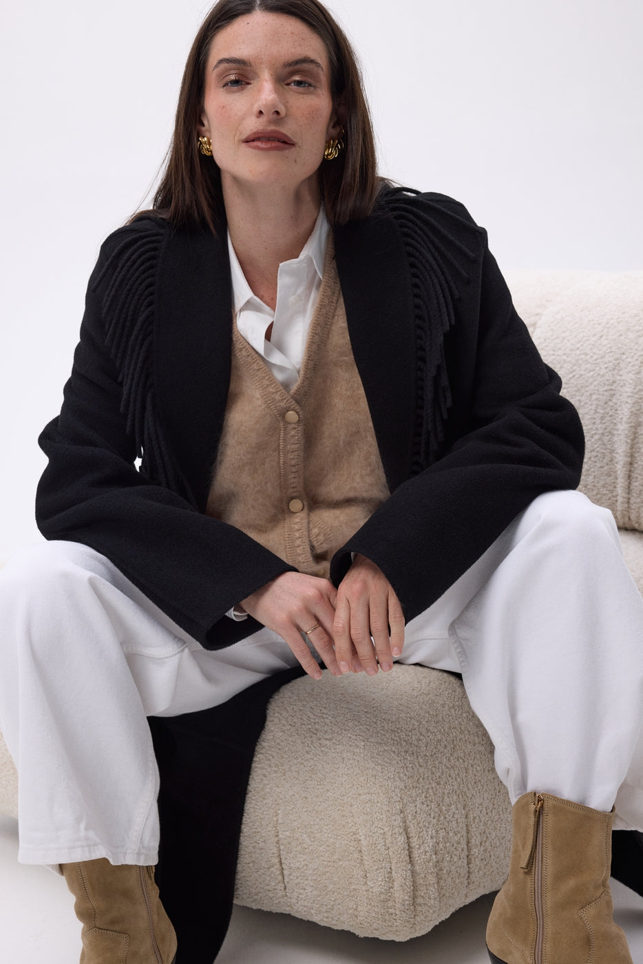 Abrigo con cuello de flecos Dakota - Negro - Mujer