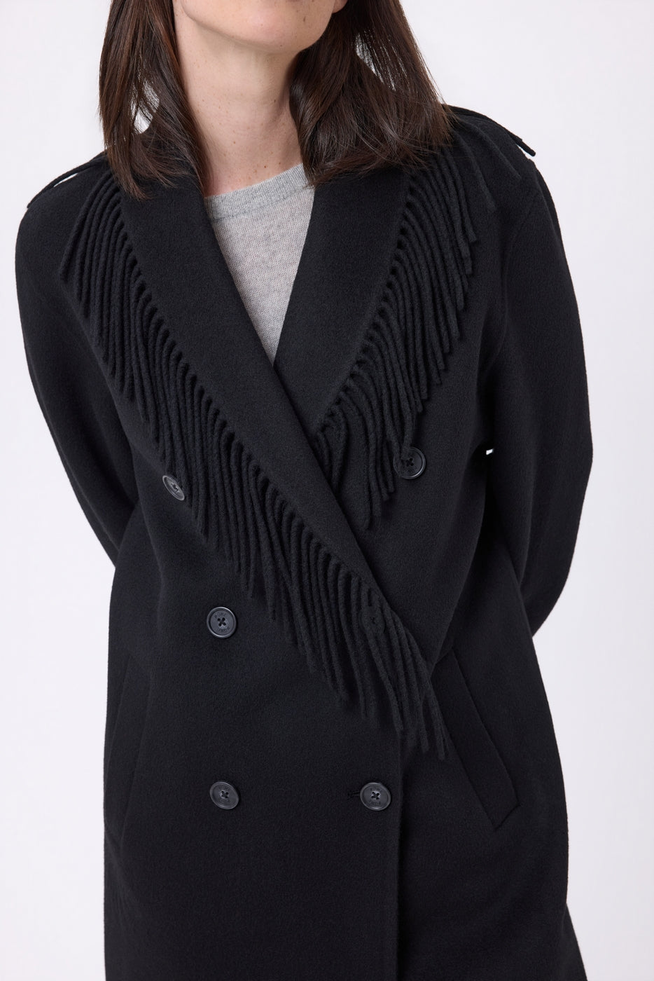 Abrigo con cuello de flecos Dakota - Negro - Mujer