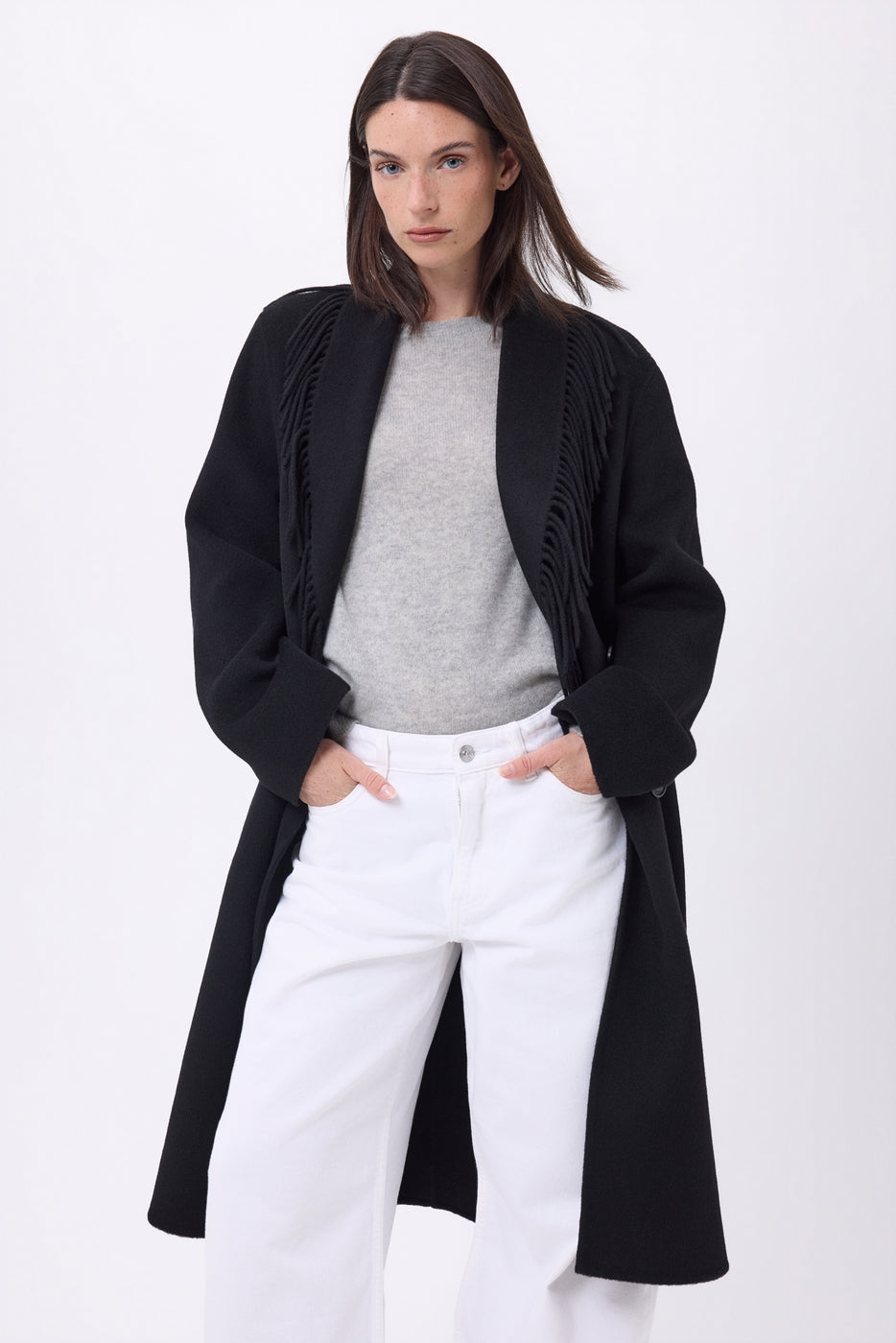 Abrigo con cuello de flecos Dakota - Negro - Mujer