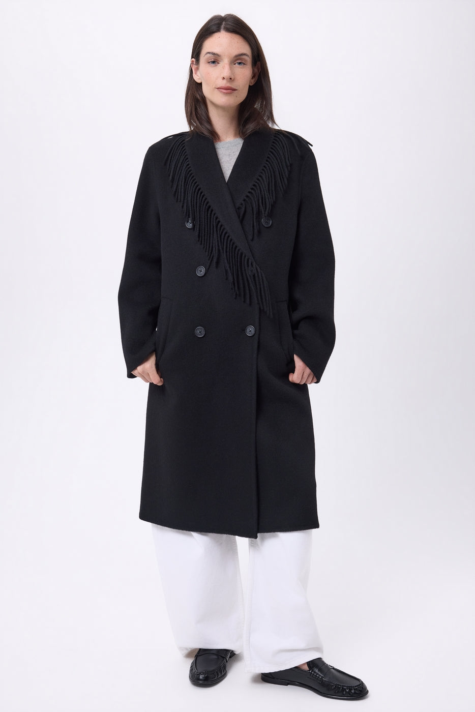 Abrigo con cuello de flecos Dakota - Negro - Mujer