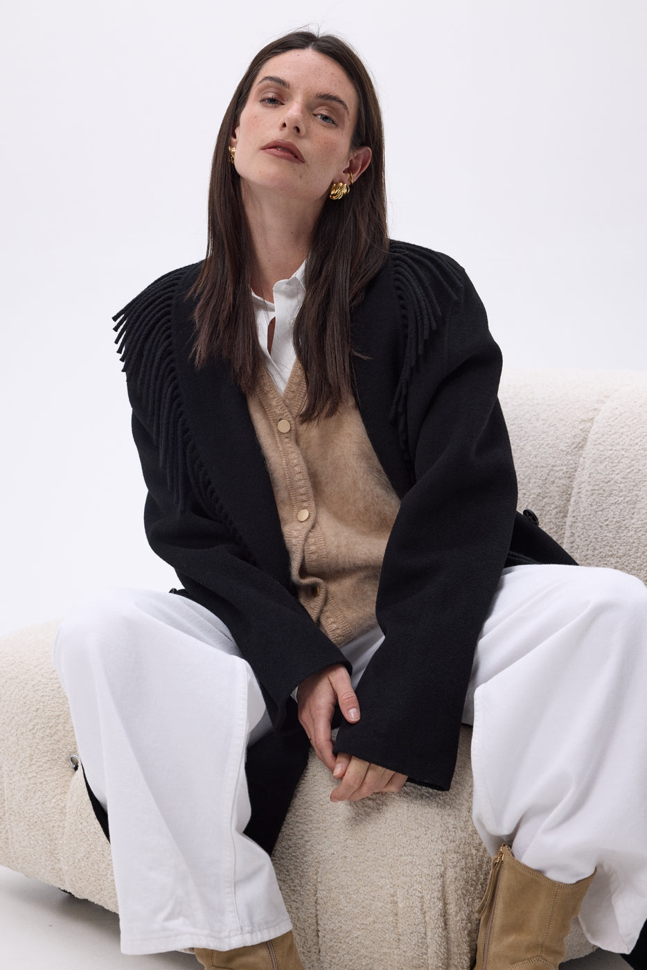 Abrigo con cuello de flecos Dakota - Negro - Mujer