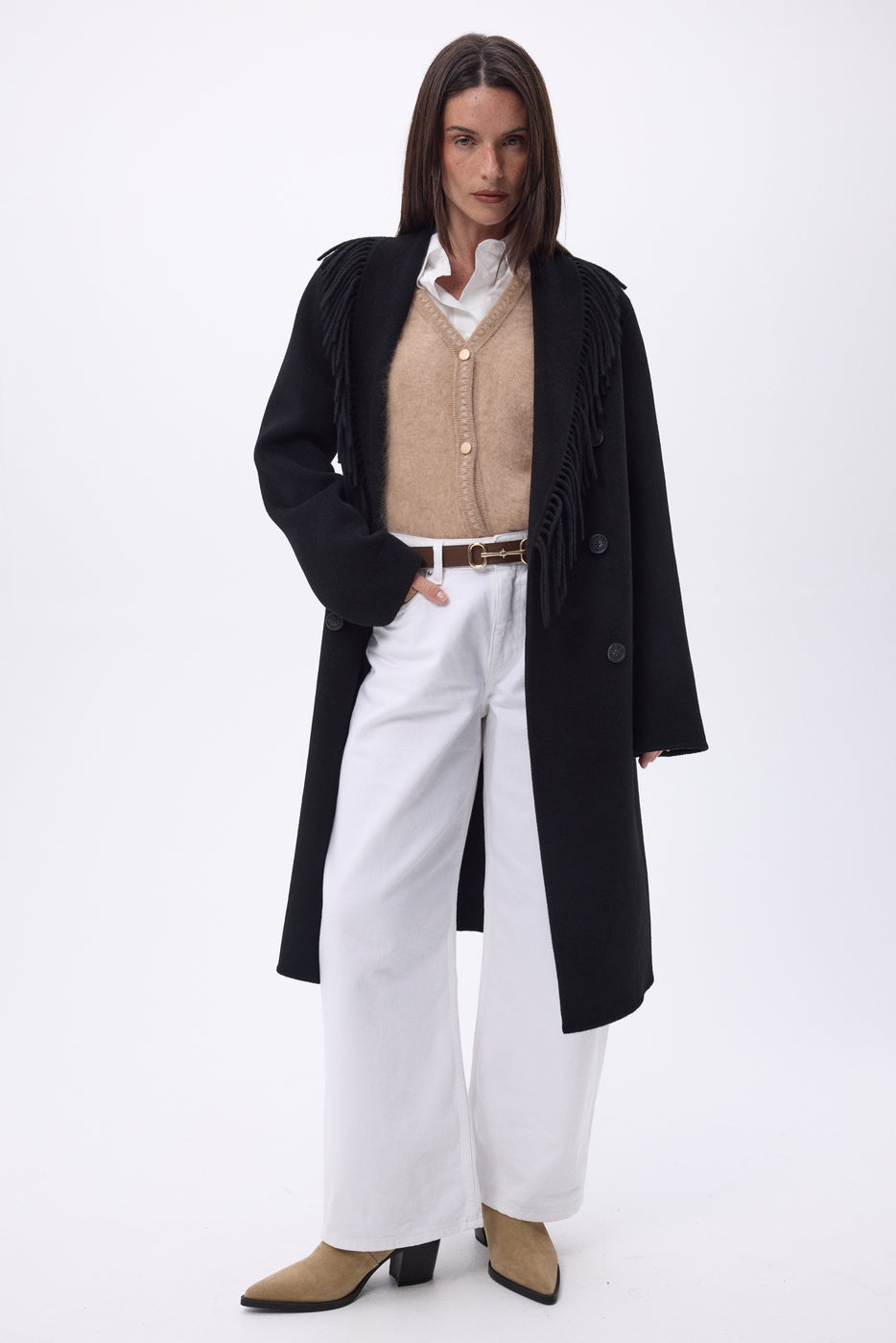 Abrigo con cuello de flecos Dakota - Negro - Mujer