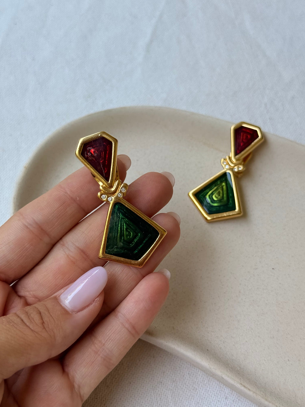 Boucles D’Oreilles Vintage - Émaillées Rouges Et Verts