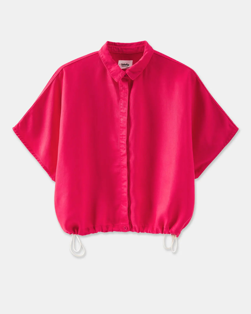 women's flowing shirt in light fuchsia fabric with classic collar and wide short sleeves, loose fit adjustable with drawstrings at the hem