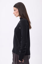 Pull Col Montant Boutons Diagonale - Noir - Femme