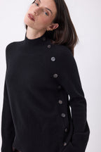 Pull Col Montant Boutons Diagonale - Noir - Femme