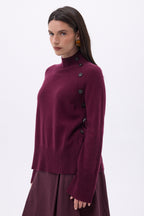 Pull Col Montant Boutons Diagonale - Lie-De-Vin - Femme