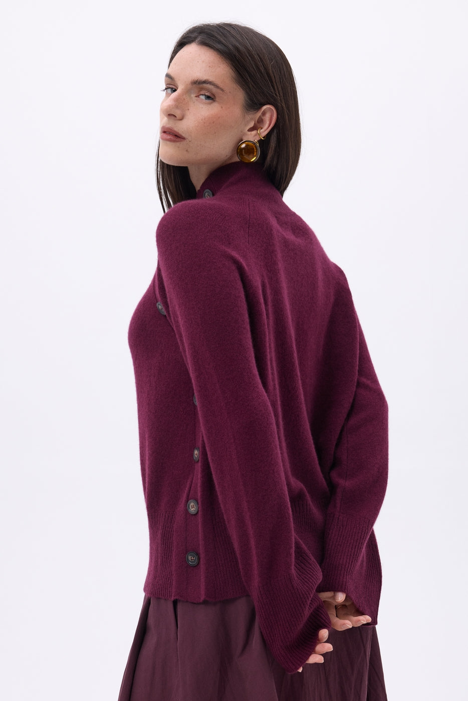 Pull Col Montant Boutons Diagonale - Lie-De-Vin - Femme