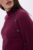 Pull Col Montant Boutons Diagonale - Lie-De-Vin - Femme