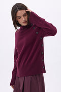 Pull Col Montant Boutons Diagonale - Lie-De-Vin - Femme