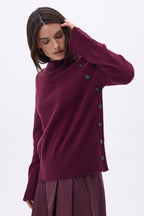 Pull Col Montant Boutons Diagonale - Lie-De-Vin - Femme