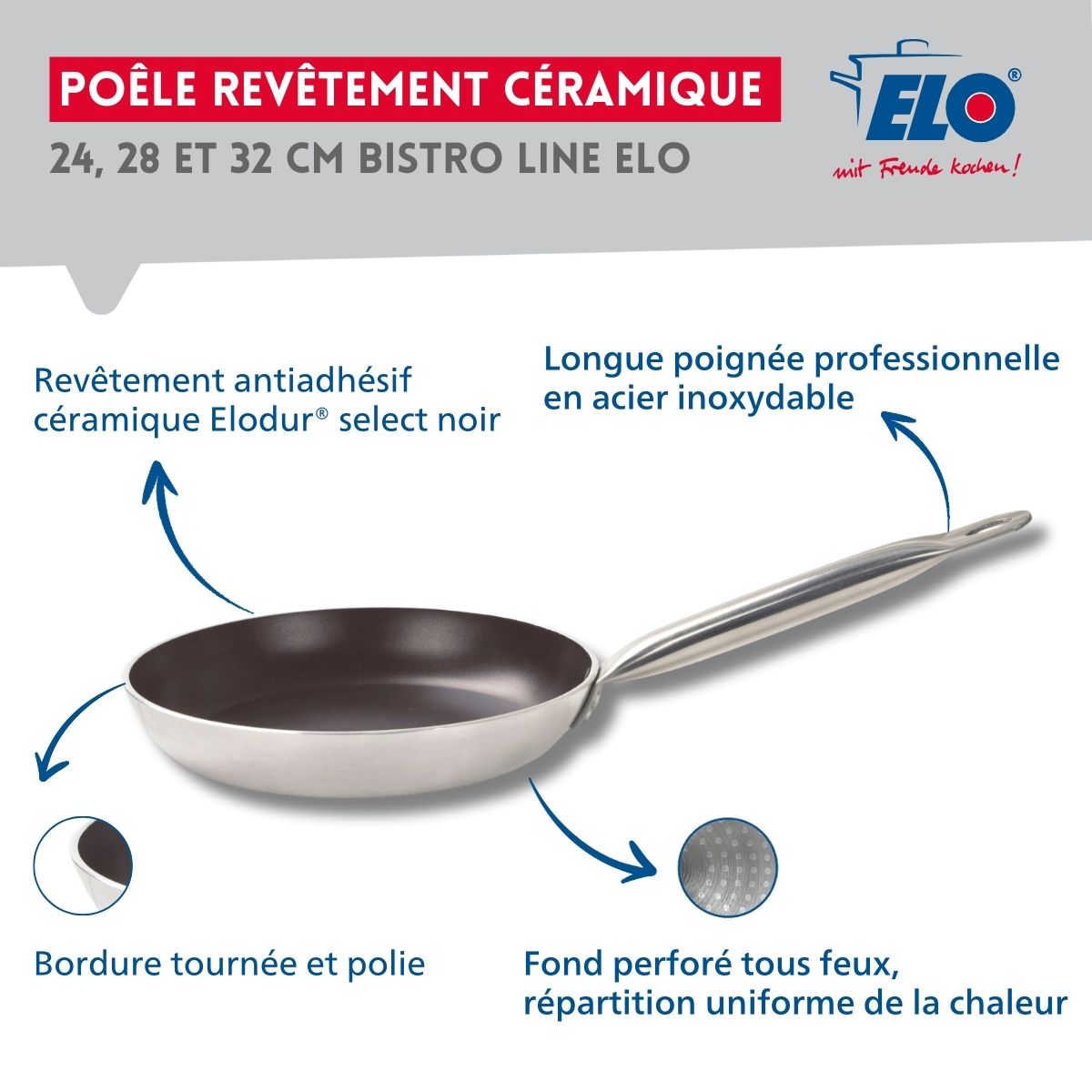 Set De 3 Poêles Céramique Sans Pfas Et 3 Couvercles Elo Bistro Line - Gris/Noir/Transparent