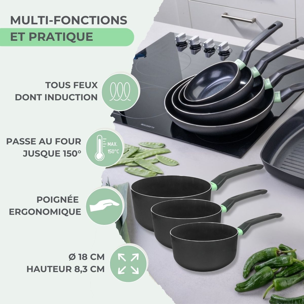 Casserole Aluminium Revêtement Céramique Antiadhésif Sans Pfas Fackelmann Brandao - Noir/Vert