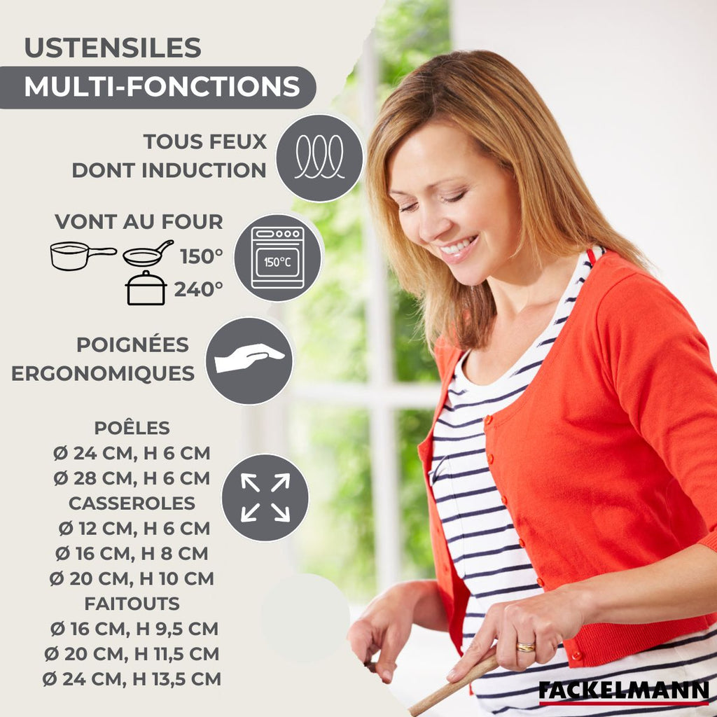Batterie De 2 Poêles, 3 Casseroles, 3 Faitouts Et 6 Ustensiles Fackelmann Geneva - Inox/Noir