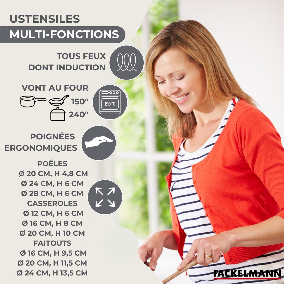 Batterie De Cuisine Avec 3 Poêles Et 3 Casseroles Avec 6 Ustensiles De Cuisine Fackelmann Généva Brillant Oxford - Inox/Noir