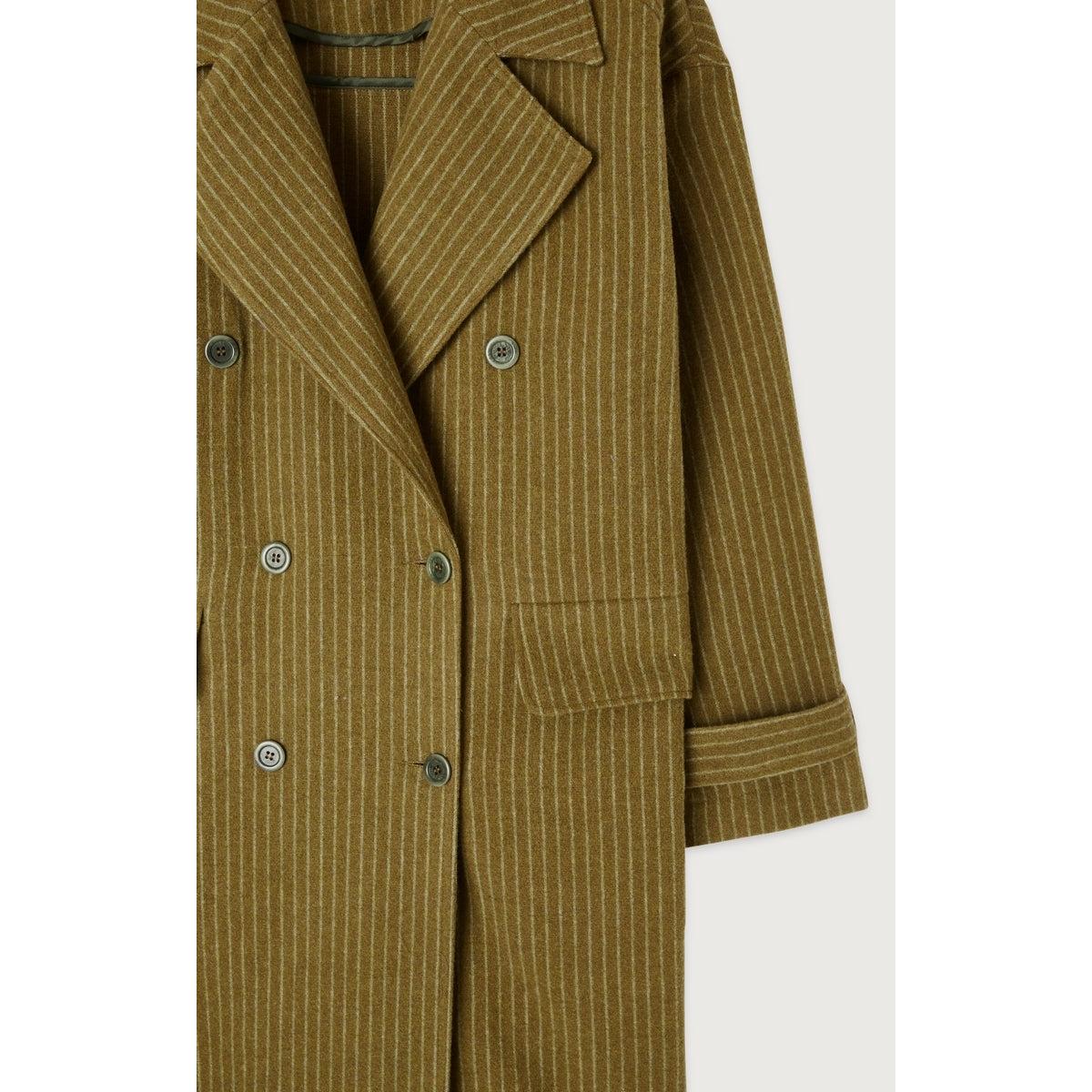 Manteau Mi-Long Ample - Rayures Kaki Et Bleues - Femme