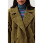 Manteau Mi-Long Ample - Rayures Kaki Et Bleues - Femme
