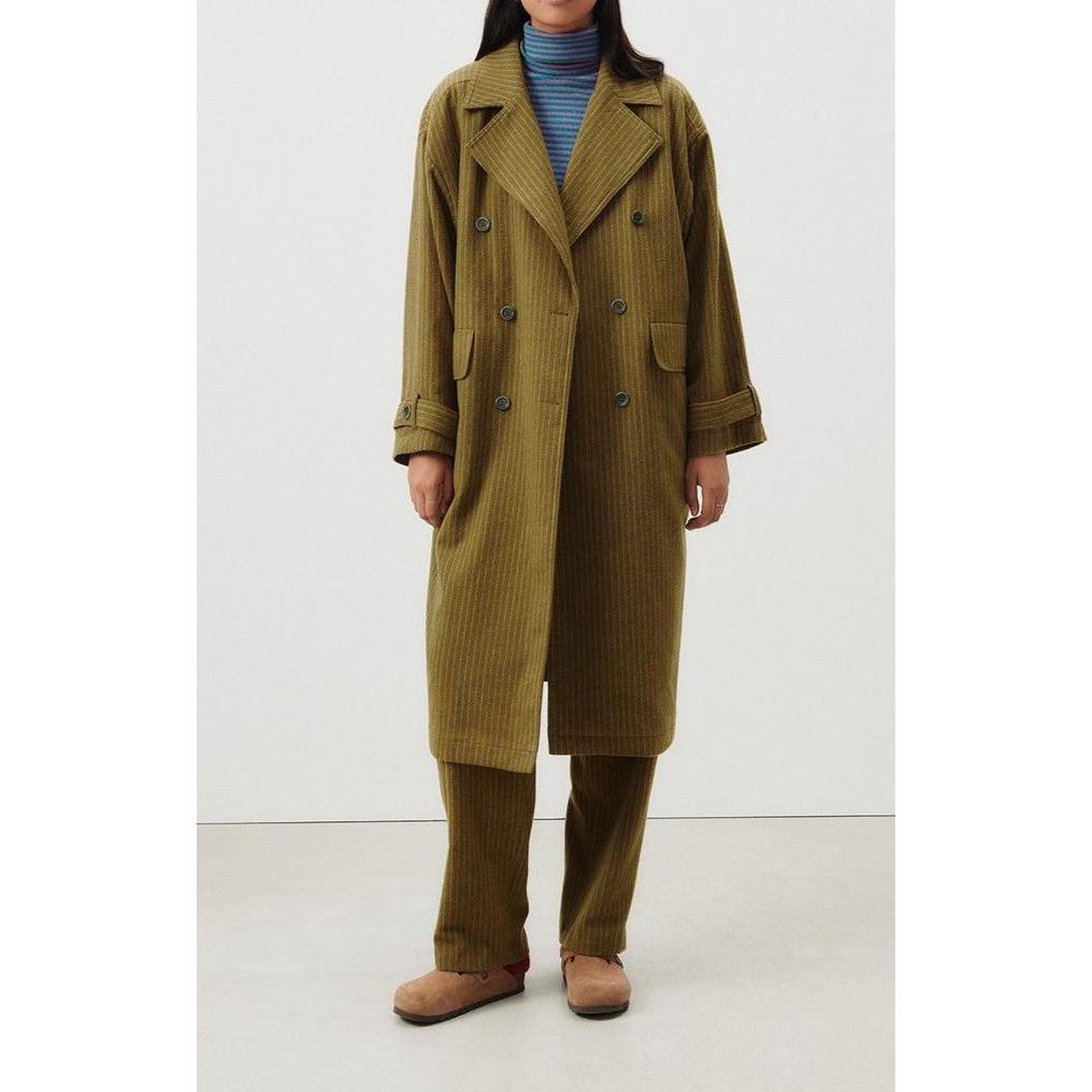 Manteau Mi-Long Ample - Rayures Kaki Et Bleues - Femme
