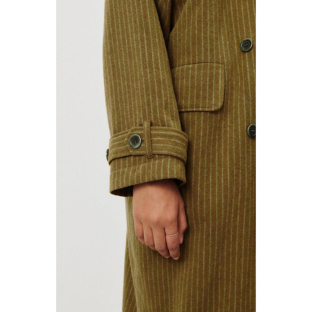 Manteau Mi-Long Ample - Rayures Kaki Et Bleues - Femme
