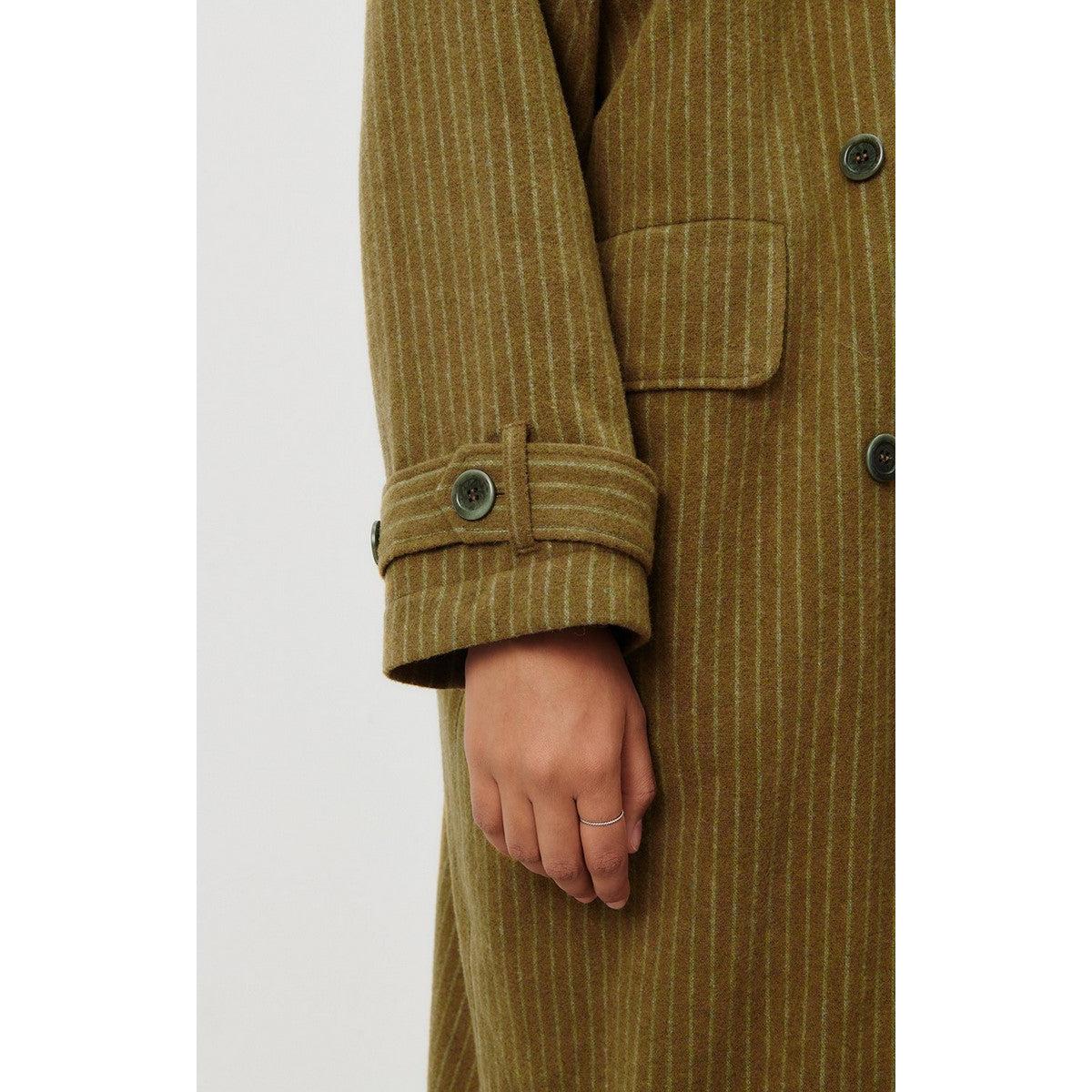 Manteau Mi-Long Ample - Rayures Kaki Et Bleues - Femme