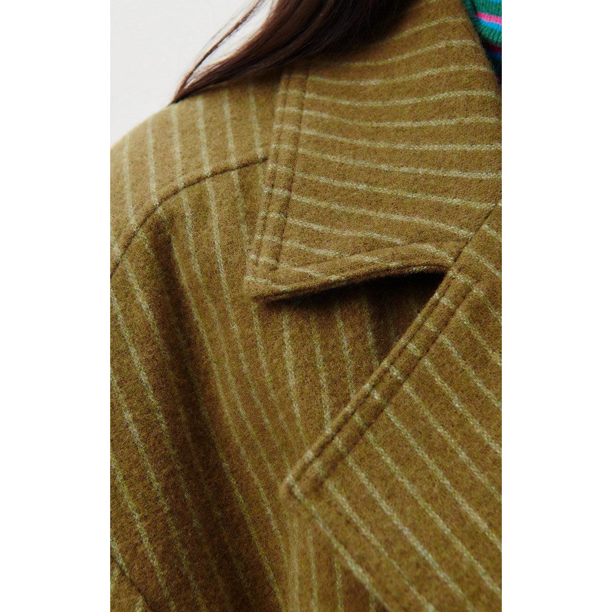 Manteau Mi-Long Ample - Rayures Kaki Et Bleues - Femme