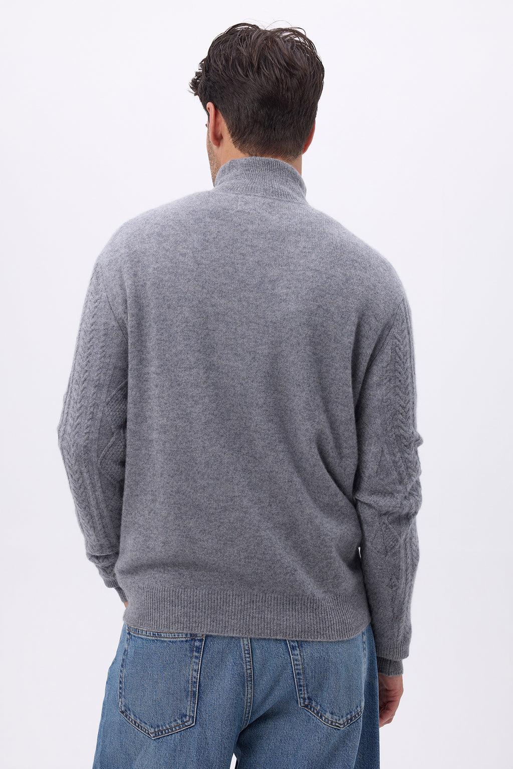 Strickpullover mit hohem Troyer-Stehkragen und Zopfmuster Dov – Dunkelgrau – Herren
