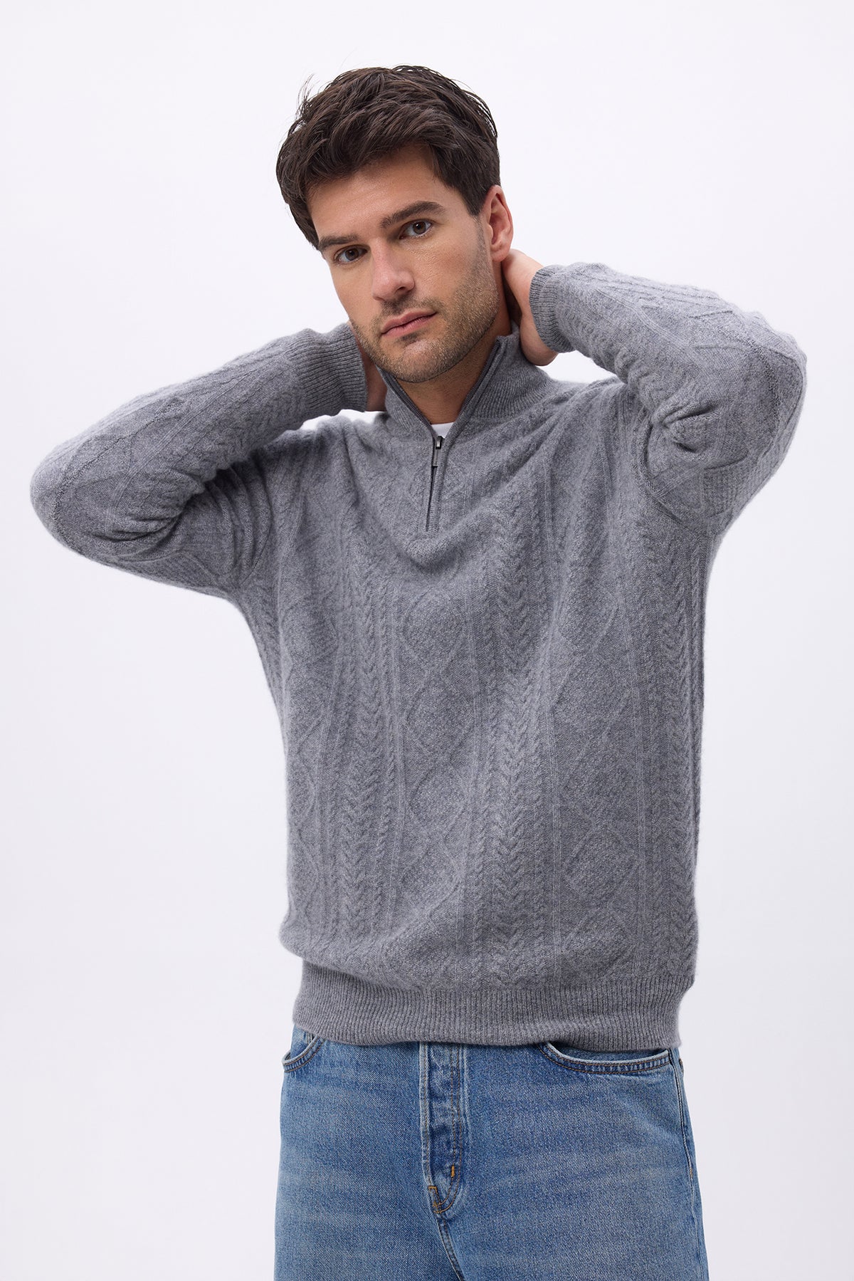 Strickpullover mit hohem Troyer-Stehkragen und Zopfmuster Dov – Dunkelgrau – Herren