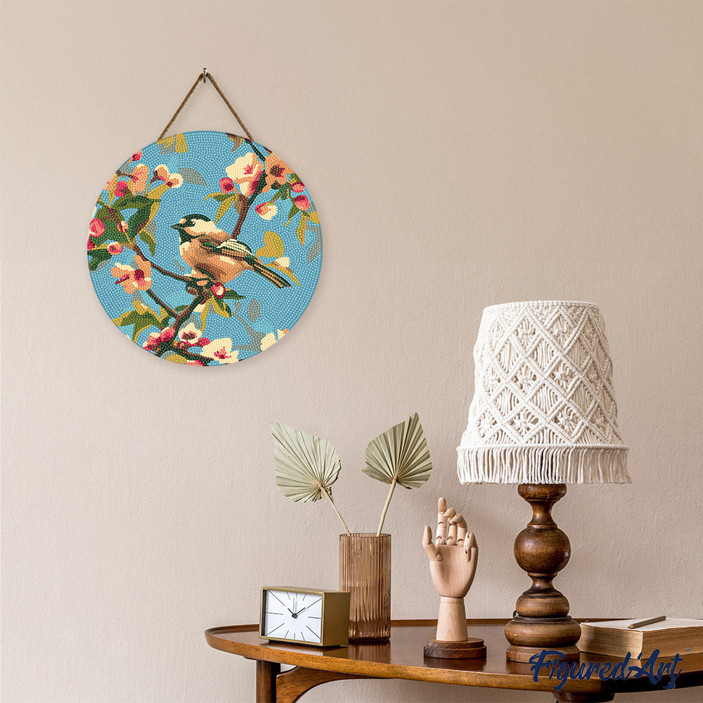 Diamond Painting On Wooden Disc - Bird On A Branch