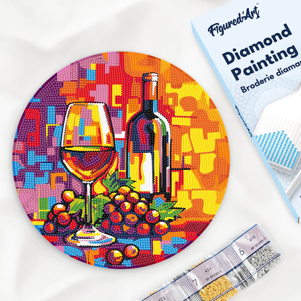 Diamond Painting On Wooden Disc - Wine And Grapes