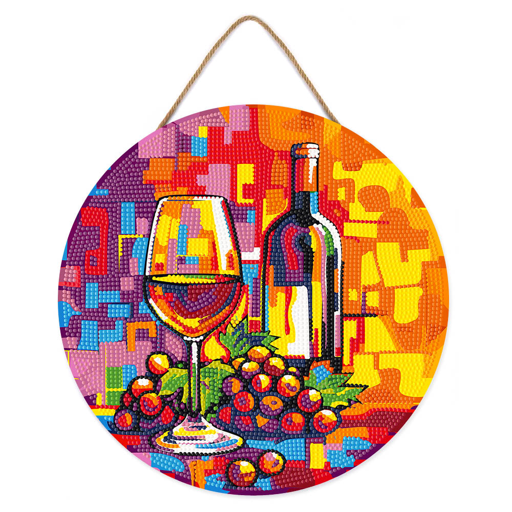 Diamond Painting On Wooden Disc - Wine And Grapes